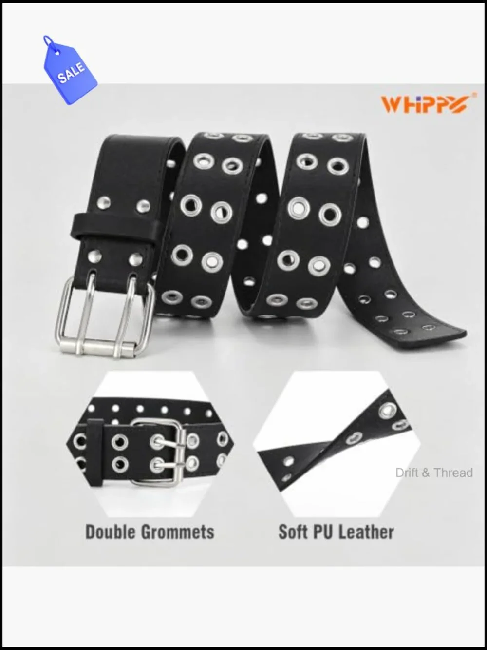 Double Prong Buckle Grommet Belt with Chain Punk Studded PU Leather 1.5